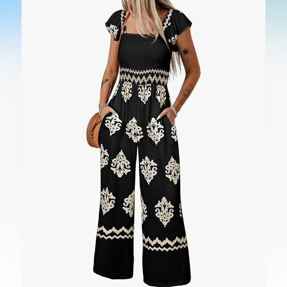 Pants - Black and White Patterned Jumpsuit